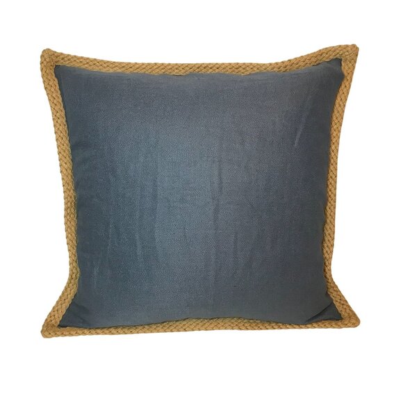 Pottery Barn Linen Throw Pillow W/ Down Insert Steel Blue Gray Woven Rope Trim - Picture 1 of 5